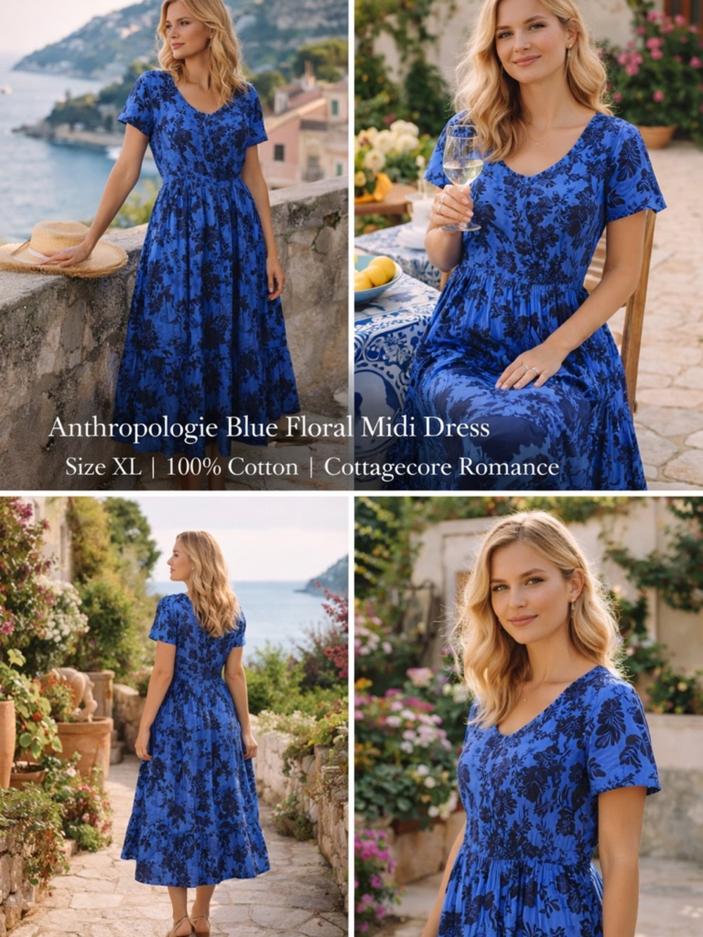 💙 Anthropologie Blue Floral Midi Dress XL Cottagecore Boho